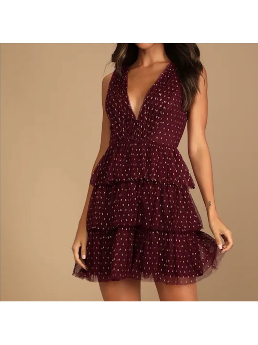 Lulu's Burgundy Tulle Dress with Gold Dot Detail